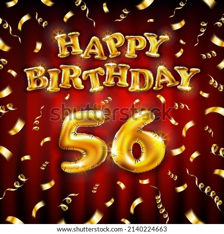 Golden number fifty six metallic balloon. Happy Birthday message made of golden inflatable balloon. 56 number letters on red background. fly gold ribbons with confetti. vector illustration