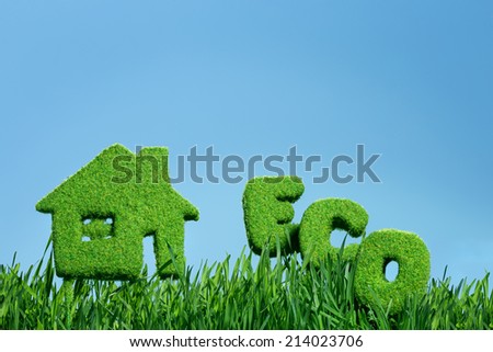 house from grass and word eco on blue sky