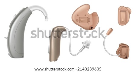Hearing aid devices set isolated on white background. Different audiology equipment for people with hear loss and medical diagnosis. Realistic 3d vector illustration Royalty-Free Stock Photo #2140239605