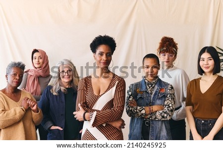 International Women's Day portrait of confident multiethnic mixed age range women looking towards camera, Embrace Equity Royalty-Free Stock Photo #2140245925