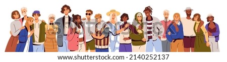 Group of happy people standing together, supporting. Friendly team, union of diverse men, women of different age, race. United community, unity. Flat vector illustration isolated on white background Royalty-Free Stock Photo #2140252137