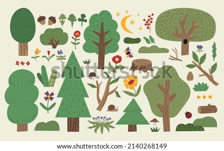 Collection of various forest trees and plants. Simple cute botanical set. Vector hand drawn illustration.