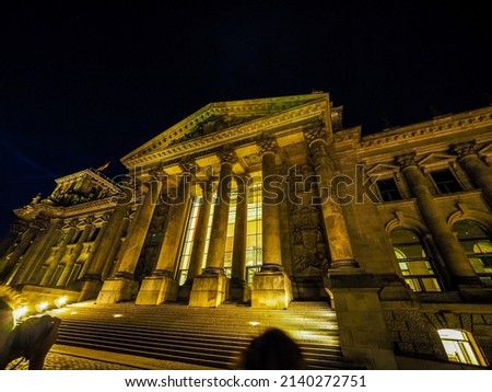 Bundestag German Houses of Parliament in Berlin, Germany at night. Dem deutschen Volke means To the German people HDR Royalty-Free Stock Photo #2140272751