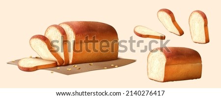 3D Illustration of soft white bread being sliced to piece and left a loaf of bread and decorated with scattered wheat grains Royalty-Free Stock Photo #2140276417