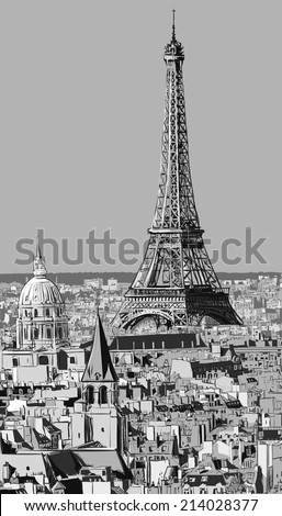 Roofs of Paris with Eiffel tower - Vector illustration