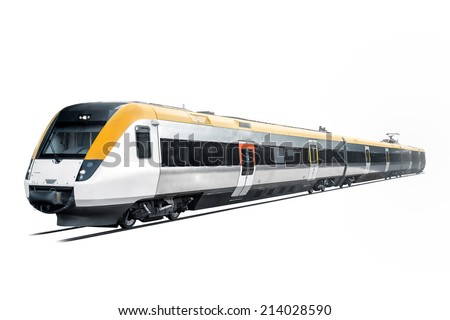 Commuter train is coming out from the white background. Royalty-Free Stock Photo #214028590