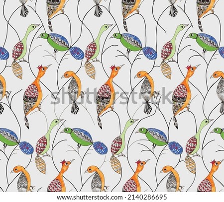 Seamless pattern with birds romantic elements, hand drawn polish folk  art  for your design. Endless texture, sketch humming-birds, watercolor isolated on ivory  background. Vector illustration.