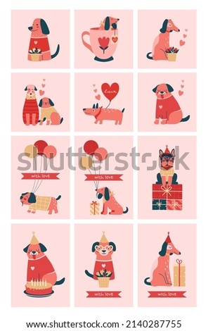 Creative greeting cards template with cute illustrations of different dogs, puppies, ribbons, balloons, gifts, hearts, bouquet of flowers, labels, pie. Set of vector elements in flat romantic style.