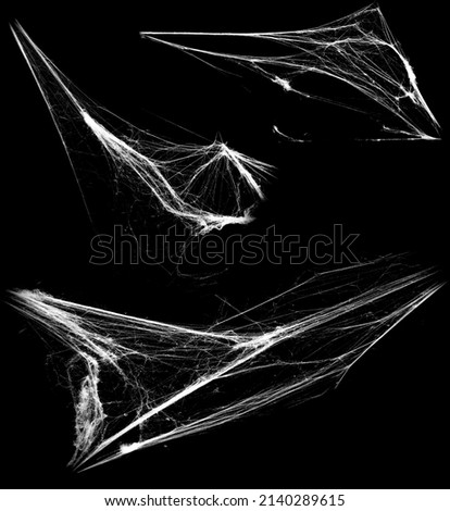 Overlay the cobweb effect. A collection of spider webs isolated on a black background. Spider web elements as decoration to the design. Halloween Props Royalty-Free Stock Photo #2140289615