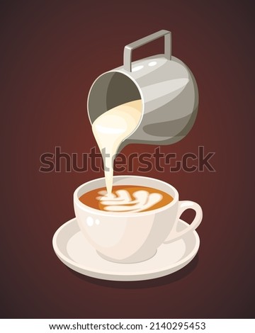 Milk jug pouring cream foam in cappuccino cup, coffee poster. Vector cartoon background illustration for bar or cafe. Royalty-Free Stock Photo #2140295453
