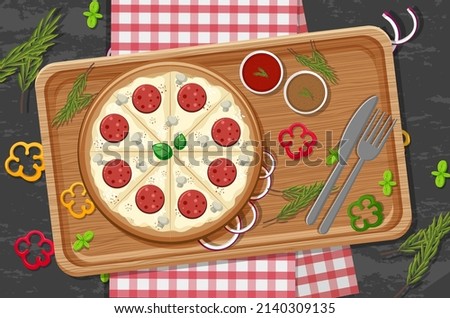 Top view of cheese pizza on a wooden tray illustration