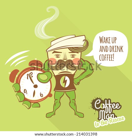 Vector Illustration Coffee man character standing with his hands on the hips and showing ringing clocks
