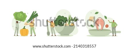 Healthy eating illustration set. Characters cooking fresh salad and other healthy meals from fresh vegetables and fish. Balanced vegetarian and vegan diet concept. Vector illustration. Royalty-Free Stock Photo #2140318557
