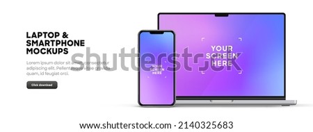 Modern laptop mockup front view and smartphone mockup high quality isolated on white background. Notebook mockup and phone device mockup for ui ux app and website presentation Stock Vector. Royalty-Free Stock Photo #2140325683