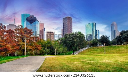 Houston, Texas, USA downtown park and skyline at twilight. 