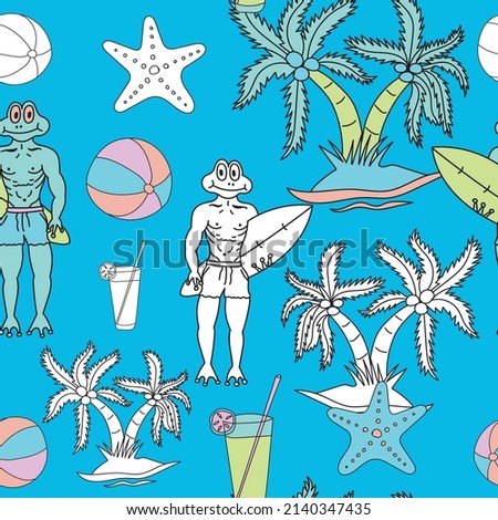Frog head, Frog man, Surfing, Coconut tree, Sea fish, Cool drinks, Volleyball. Seamless vector pattern design. Blue background