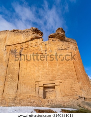 Midas Monument of Phrygian King Yazilikaya which is located in the ancient Phrygian Valley. It is dedicated to the mother goddess Kybele, the only god of the Phrygian religion Royalty-Free Stock Photo #2140351015