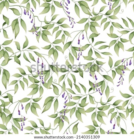 Seamless pattern with green leaves and small purple wisteria flowers on a white background. Great for textile, fabric, wrapping paper, wallpaper.