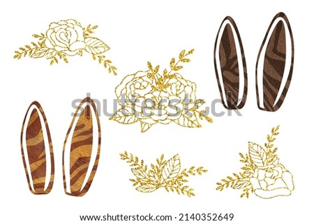 Modern Easter elements with tiger skin print. Glitter clip art kit isolated