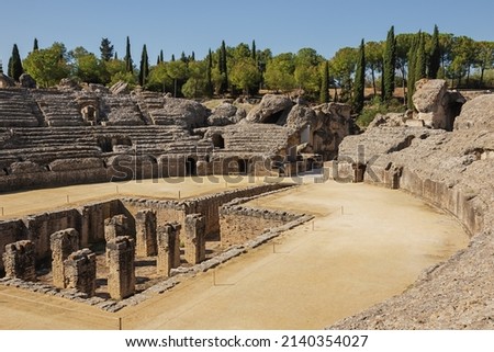 The arena in the amphitheater of Italica, an archaeological site at the outskirts of Seville Royalty-Free Stock Photo #2140354027