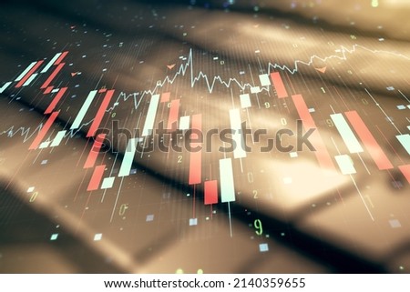 Abstract virtual crisis chart illustration on blurry abstract metal background. Global crisis and bankruptcy concept. Multiexposure