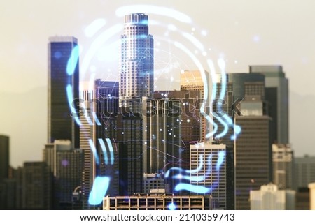 Abstract virtual artificial Intelligence concept with human head sketch on Los Angeles cityscape background. Double exposure