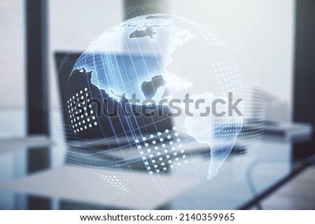 Double exposure of graphic America map on computer background, big data and digital technology concept