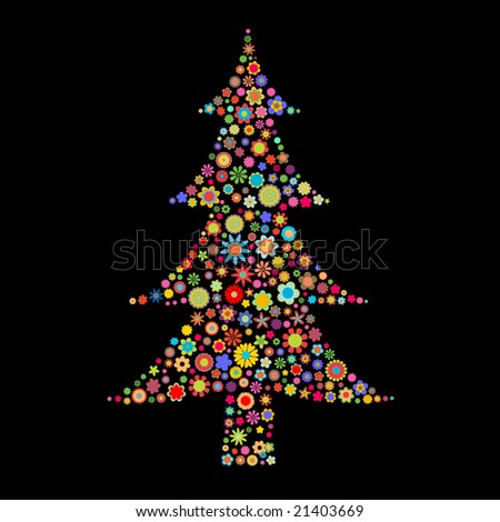 Vector illustration Christmas tree shape  made up a lot of  multicolored small flowers on the black background