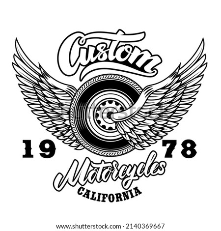 Custom motorcycles.Tshirt print template with winged wheel. Vector illustration