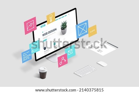 Creative web design studio with flying web page layout elements concept Royalty-Free Stock Photo #2140375815