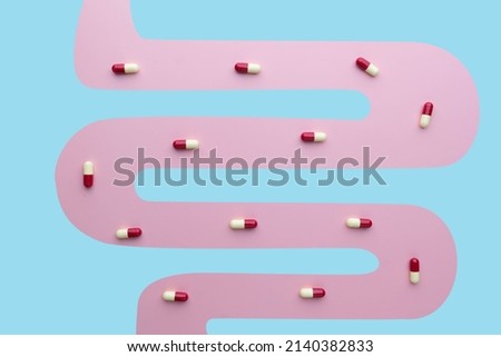Creative idea of probiotics capsules or medicine pills absorbed in small intestine. Concept of digestive supplements, intestinal microflora and drug metabolism. Minimal style.