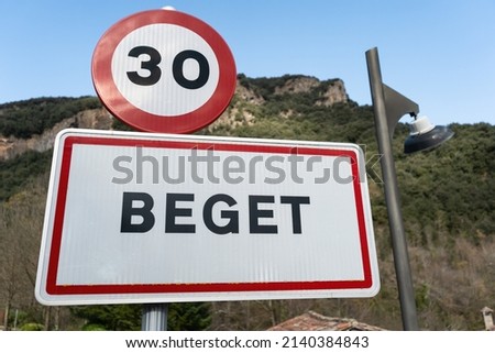 Beget road sign at the entrance of the village.Travel famous destination in Catalonia Spain .