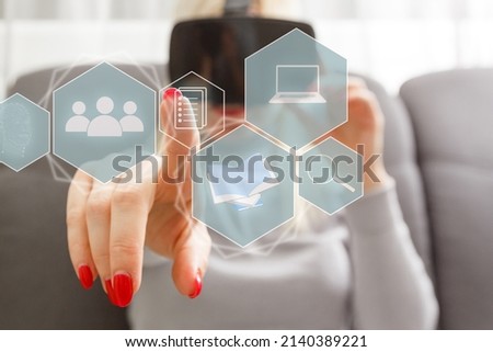 Metaverse. businessman wearing VR virtual reality headset hand touching virtual screen global link connecting diagram on dark background, networking security, digital, internet, communication concept