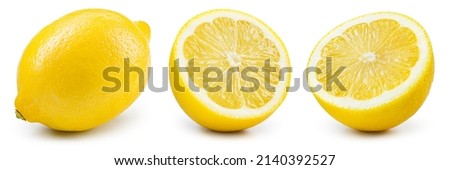 Lemon set isolated on white. Whole fruit and a half of lemons on white background. With clipping path. Full depth of field. Royalty-Free Stock Photo #2140392527