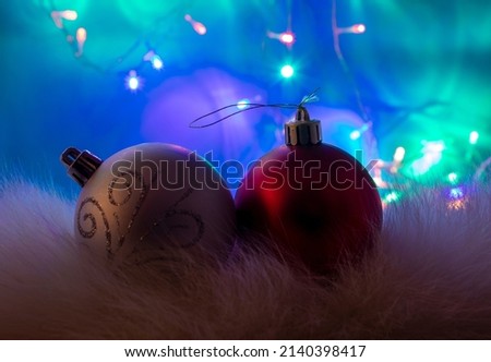 Christmas balls Ornament on a Blue Background. Happy New Year and Marry Christmas.