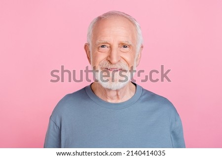 Photo of nice old grey hairdo man wear blue shirt isolated on pink color background Royalty-Free Stock Photo #2140414035