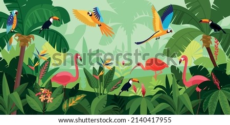 Flat jungle composition birds fly in dense jungle pink flamingos and large parrots vector illustration Royalty-Free Stock Photo #2140417955