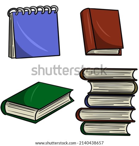 A set of images with books and notebooks for depicting science and gaining knowledge. Illustrations on a white background for packages and banners