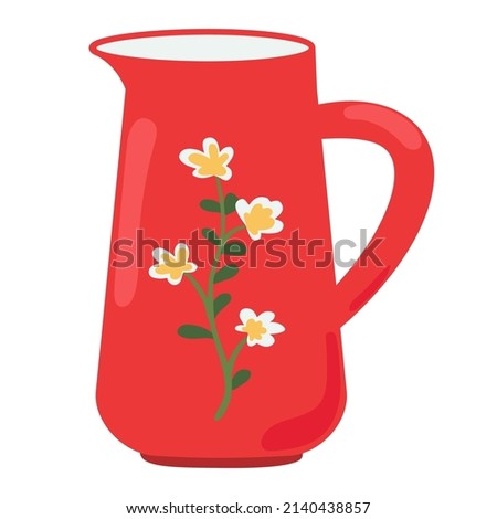Cute red ceramic milk jug design element flat cartoon illustration. Capacity for drink. Colored tableware hand drawn vector design. Kitchen trendy crockery for hot drink isolated on white background Royalty-Free Stock Photo #2140438857