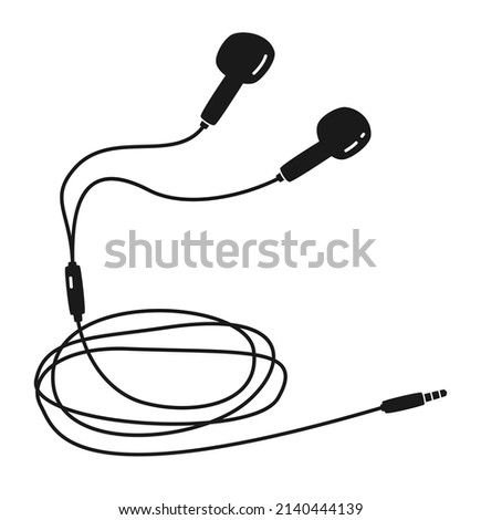 Hand drawn cute cartoon illustration of wired headphones. Flat vector headset sticker in simple line art doodle style. Outline music device icon or print. Isolated on white background. Royalty-Free Stock Photo #2140444139