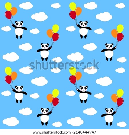 Panda seamless background, happy cute panda is flying with balloons in the sky between the clouds. Vector illustration for kids