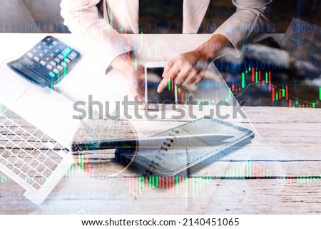 Close-up image, Young woman using digital tablet touchpad, reading something on website, scrolling on online shopping platform. Tablet white screen mockup.