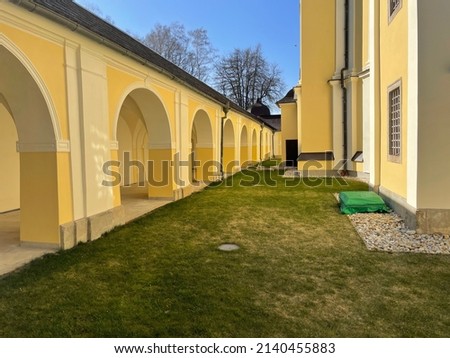 Catholic cathedral in the Czech Republic. Yellow wall with walk route inside. Church is located in the south of Czech Republic in Dobra Voda village. Interior is decorated in baroque style. Mess.