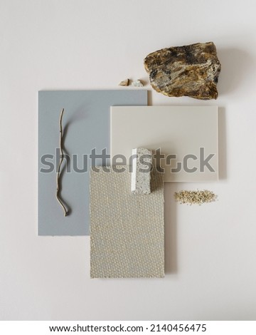 Textures mood board. Material samples interior design. Moodboard for architects styling and selection. Top view moodboard. Material samples