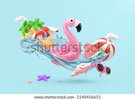 Summer vacation. Flamingo inflatable toy, watermelon, palm trees, shell, water splash 3d render vector realistic elements Royalty-Free Stock Photo #2140456655