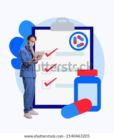 Contemporary art collage. Young man, doctor in blue uniform writes a prescription for treatment. Mix photo and illustration. Concept of pharmacy, medicine, healthcare. Poster, banner for ad