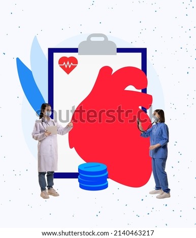 Female doctor and assistant isolated on drawn red heat background. ontemporary creative art collage. Ideas, care, help, support. Concept of pharmacy, medicine, healthcare. Poster, banner for ad