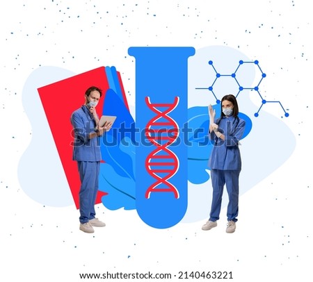 Two doctors discuss modern treatment of different diseases. Contemporary creative art collage. Ideas, care, help, support. Concept of pharmacy, medicine, healthcare. Poster, banner for ad
