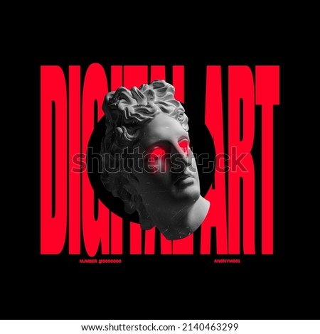 Contemporary art collage. Antique statue bust with red tears and giant lettering isolated over black background. Concept of digitalization, artificial intelligence, technology era, cyberspace