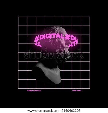 Contemporary art collage. Antique statue bust with neon pink lettering around head isolated over black background. Concept of digitalization, artificial intelligence, technology era, cyberspace